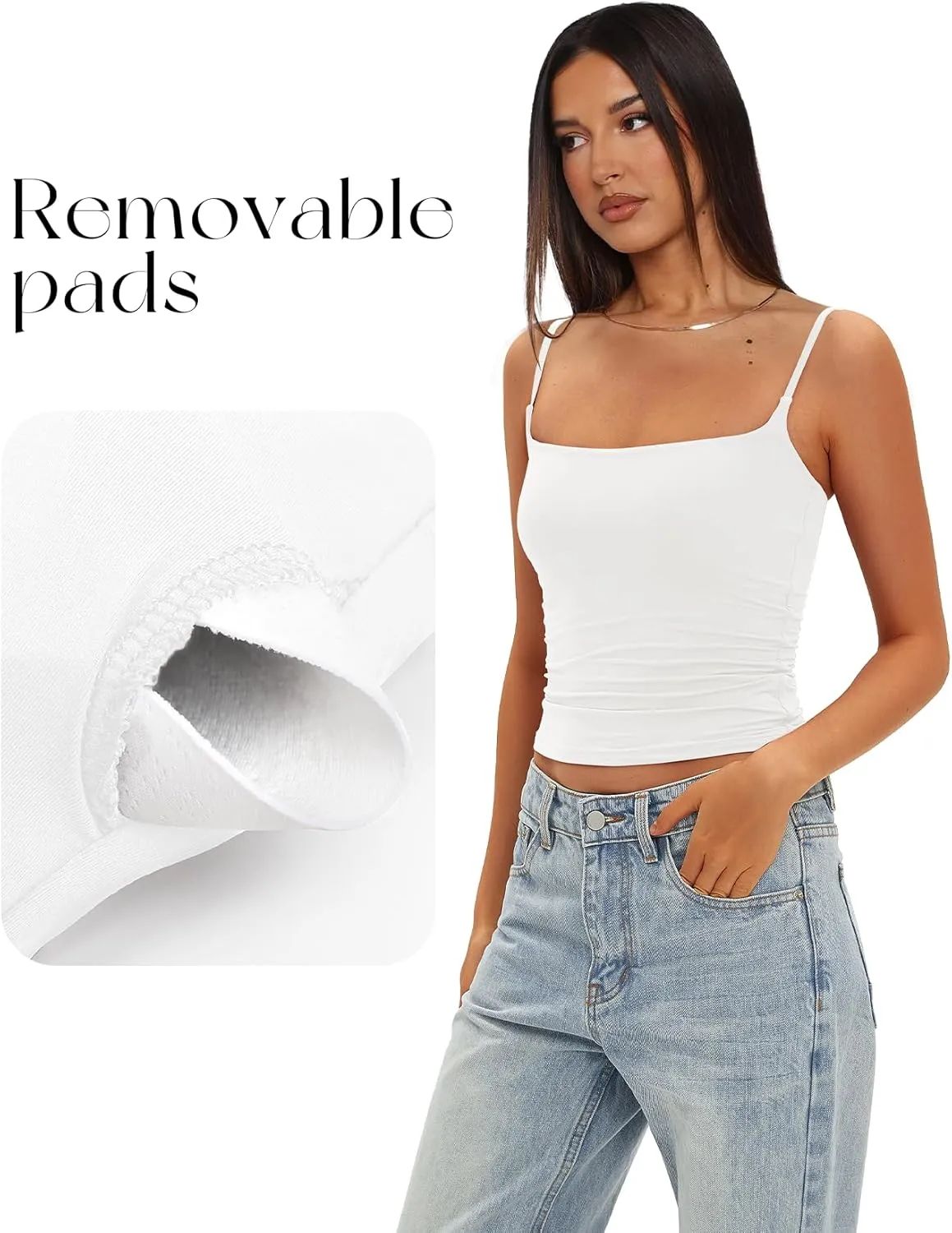 Darong Women Double Lined Tank Tops Bulit in Bra Spaghetti Straps Padded Cami Square Neck Basic Tank Shirt
