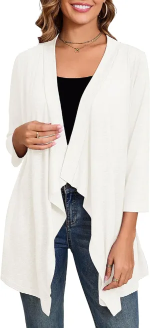 DEARCASE Women's Open Front Cardigans 3/4 Sleeve Draped Striped Printed Sweater Jackets Draped Kimono Loose Cardigan