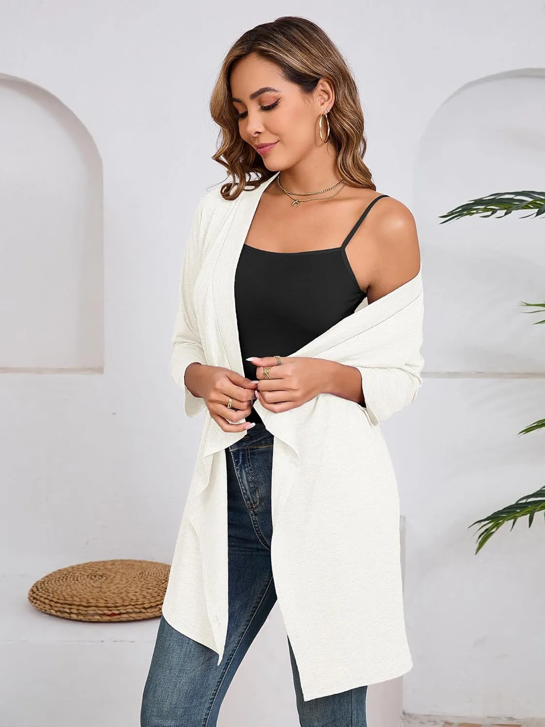 DEARCASE Women's Open Front Cardigans 3/4 Sleeve Draped Striped Printed Sweater Jackets Draped Kimono Loose Cardigan