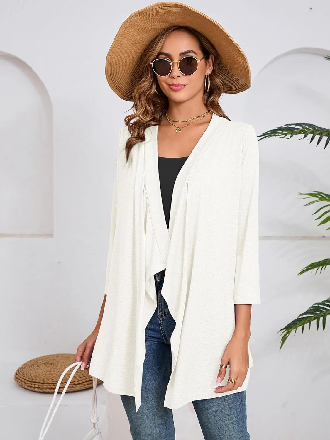 DEARCASE Women's Open Front Cardigans 3/4 Sleeve Draped Striped Printed Sweater Jackets Draped Kimono Loose Cardigan