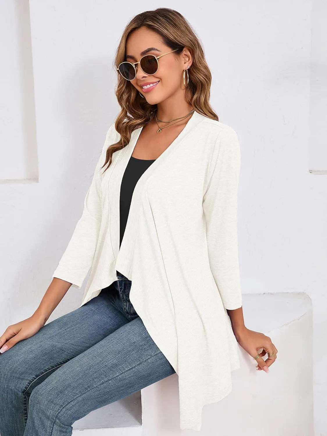 DEARCASE Women's Open Front Cardigans 3/4 Sleeve Draped Striped Printed Sweater Jackets Draped Kimono Loose Cardigan