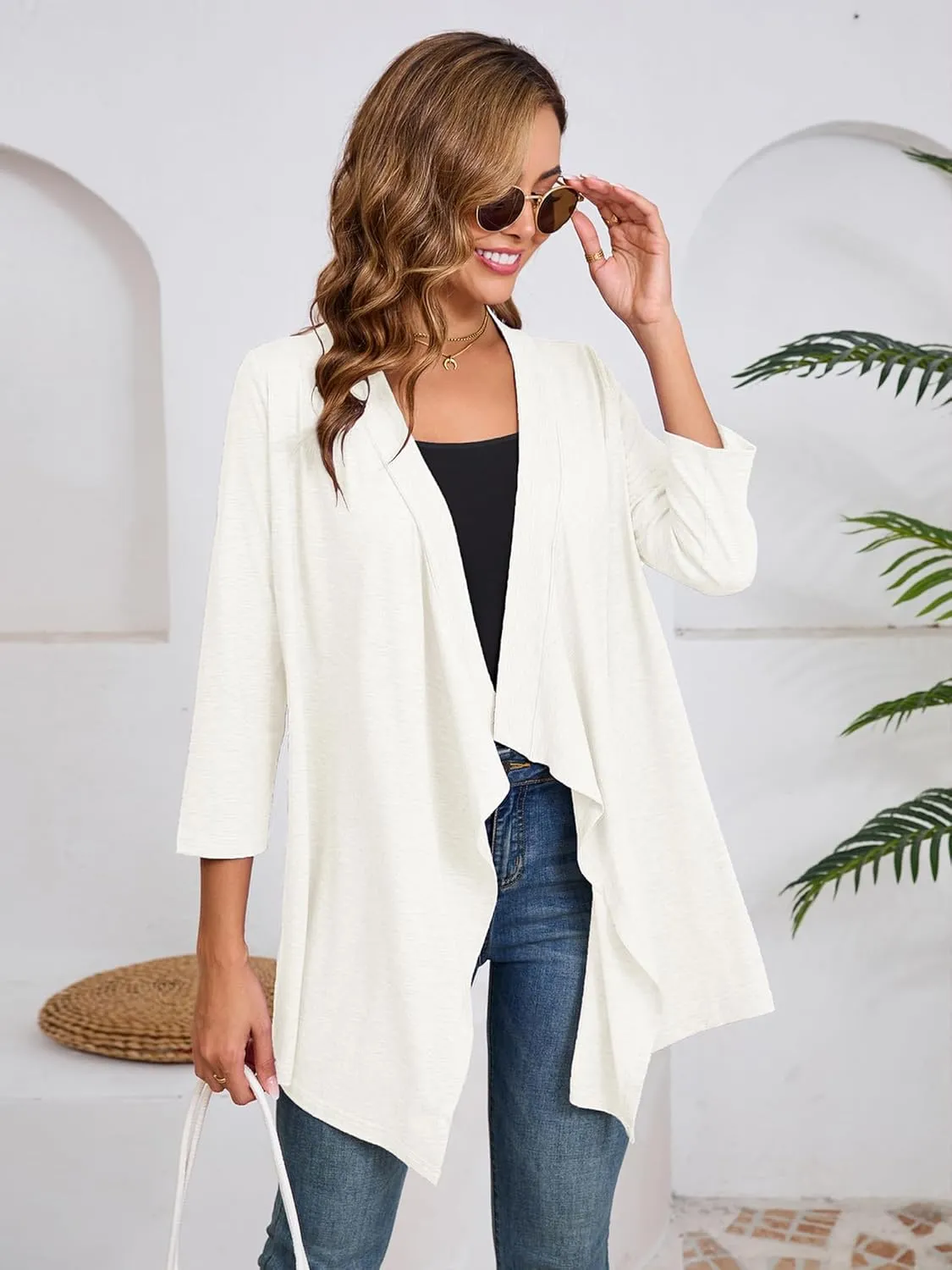 DEARCASE Women's Open Front Cardigans 3/4 Sleeve Draped Striped Printed Sweater Jackets Draped Kimono Loose Cardigan