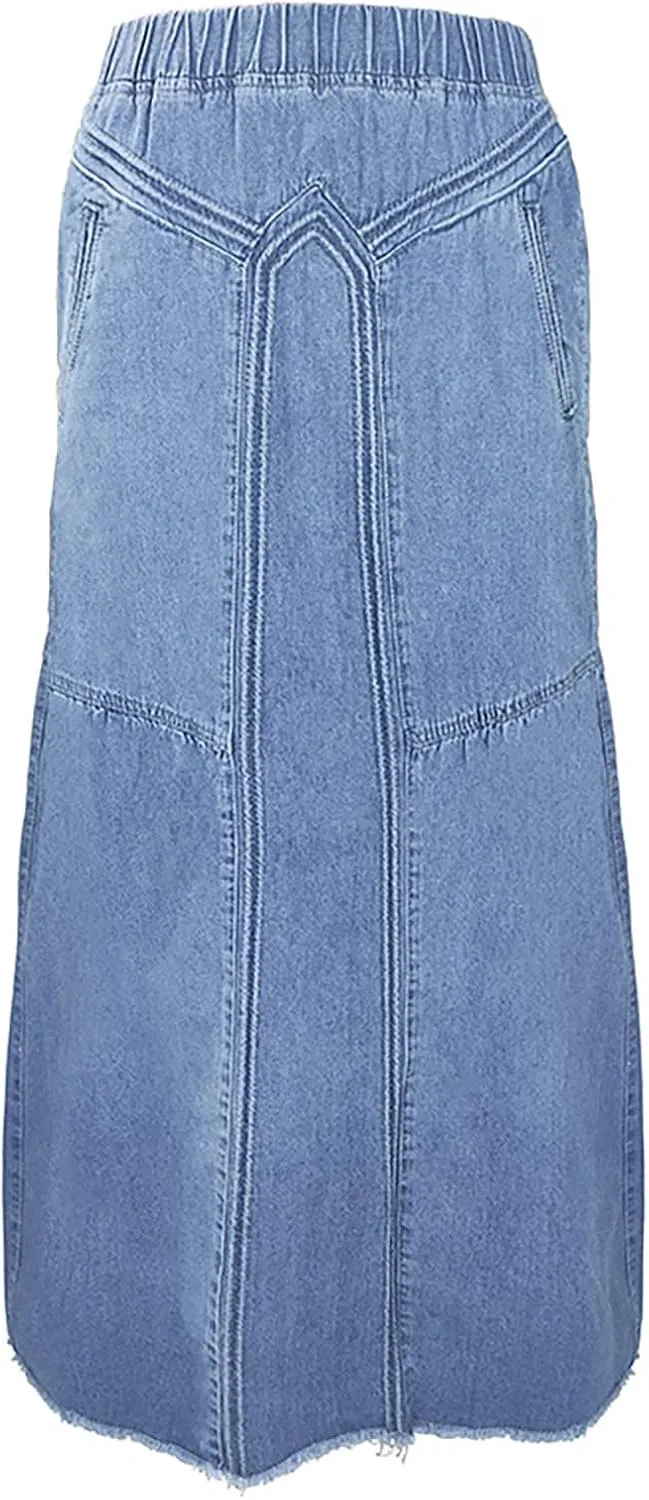 Denim Maxi Skirt for Women Classic Y2K Retro Splicing Skirt with Pocket Casual Going Out Trendy Jean Long Skirt 2025