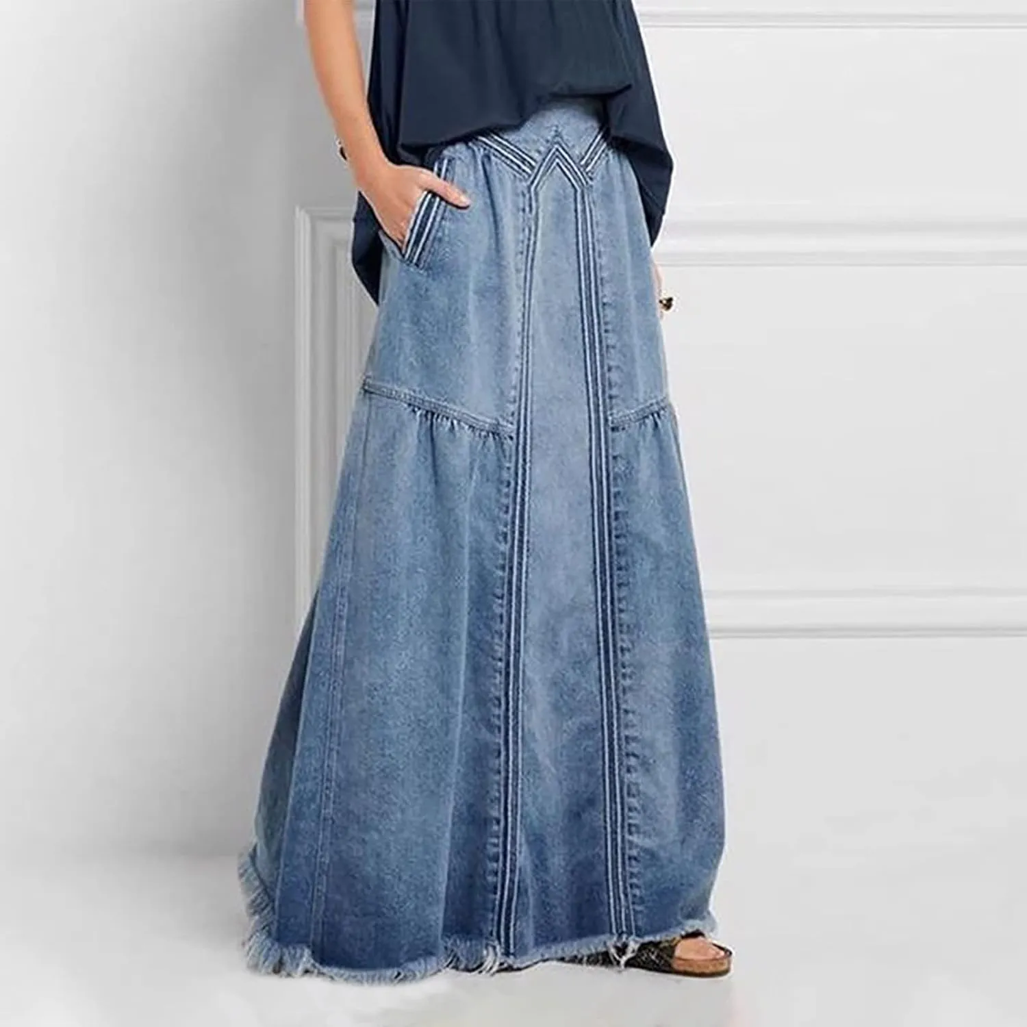 Denim Maxi Skirt for Women Classic Y2K Retro Splicing Skirt with Pocket Casual Going Out Trendy Jean Long Skirt 2025
