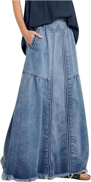 Denim Maxi Skirt for Women Classic Y2K Retro Splicing Skirt with Pocket Casual Going Out Trendy Jean Long Skirt 2025