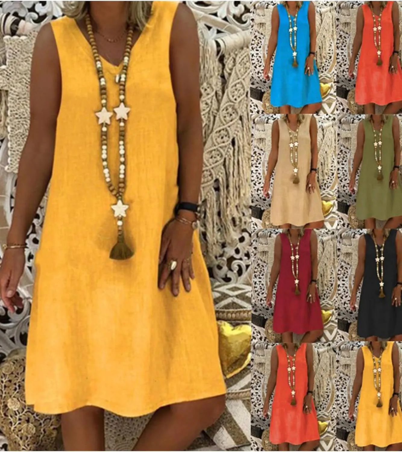 DIACACY Women's Casual V Neck Sleeveless Loose Dress Summer Solid Color Cotton Linen Tank Dress