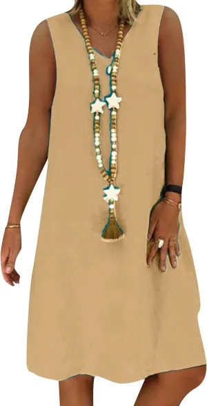 DIACACY Women's Casual V Neck Sleeveless Loose Dress Summer Solid Color Cotton Linen Tank Dress
