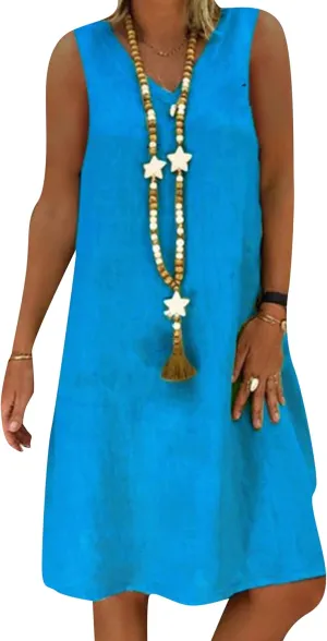 DIACACY Women's Casual V Neck Sleeveless Loose Dress Summer Solid Color Cotton Linen Tank Dress