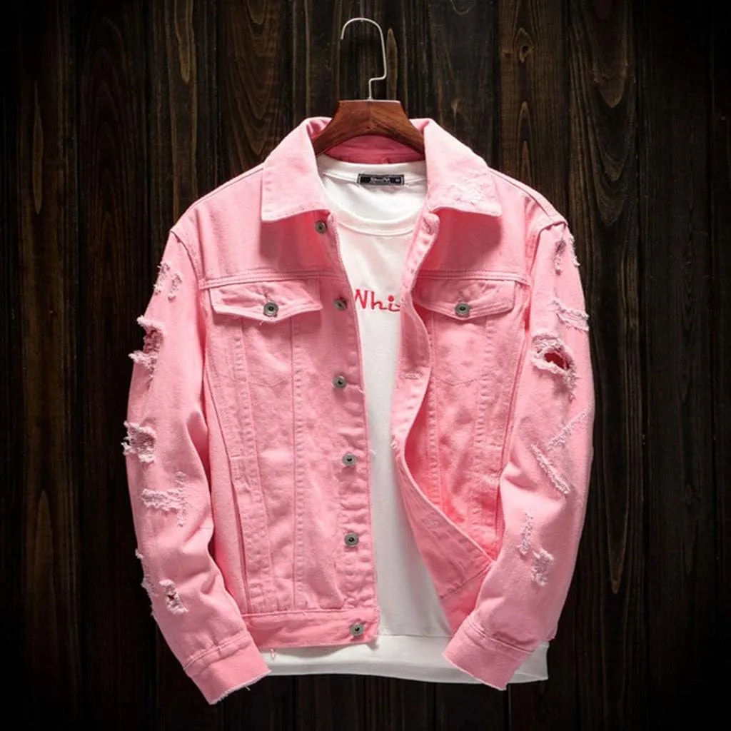 Distressed Denim Jacket Men Denim Jacket Ripped Slim Jean Jacket Coat Solid Color Button Down Trucker Jackets