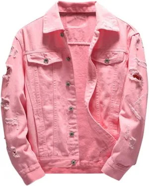 Distressed Denim Jacket Men Denim Jacket Ripped Slim Jean Jacket Coat Solid Color Button Down Trucker Jackets