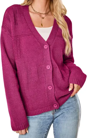 Dokotoo Cardigan for Women V Neck Open Front Button Down Long Sleeve Cable Knit Sweaters Tops