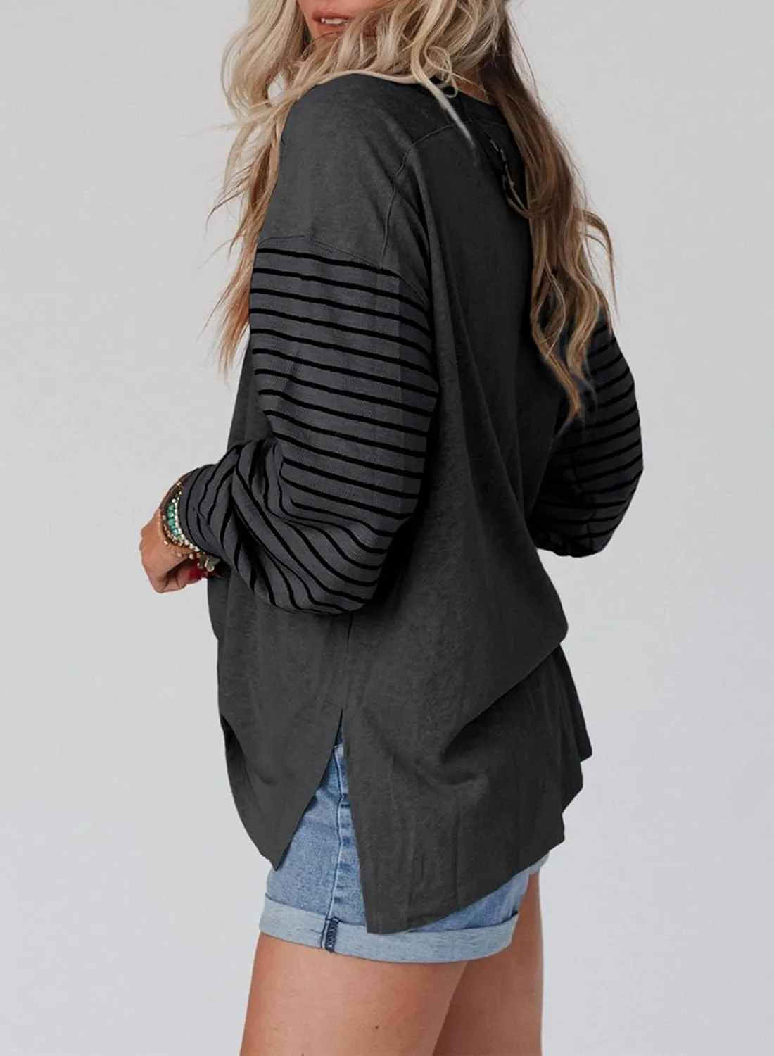 Dokotoo Long Sleeve Spring Tops Oversized 2025 Trendy Round Crew Neck Casual Color Block Womens Shirts Blouses
