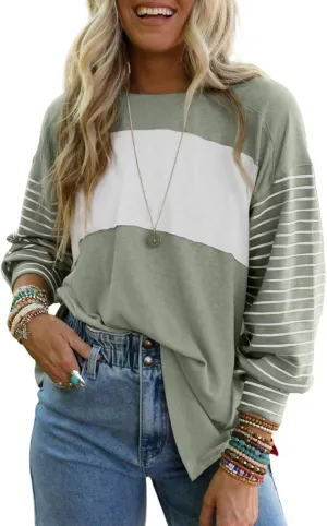 Dokotoo Long Sleeve Spring Tops Oversized 2025 Trendy Round Crew Neck Casual Color Block Womens Shirts Blouses