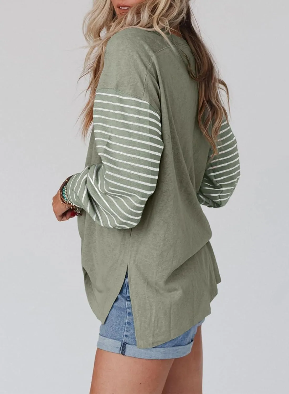 Dokotoo Long Sleeve Spring Tops Oversized 2025 Trendy Round Crew Neck Casual Color Block Womens Shirts Blouses