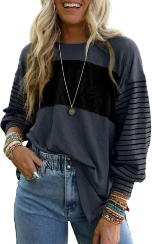 Dokotoo Long Sleeve Spring Tops Oversized 2025 Trendy Round Crew Neck Casual Color Block Womens Shirts Blouses