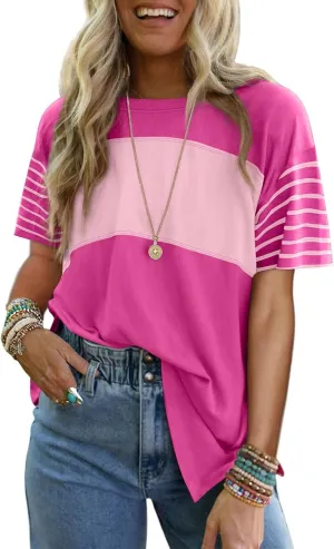 Dokotoo Summer Tops Trendy Oversized 2025 Crewneck Casual Color Block Striped Womens Shirts Blouses