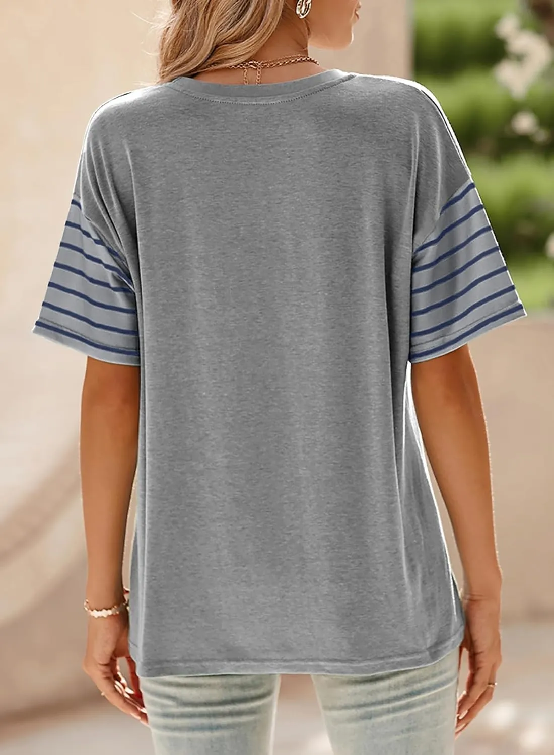 Dokotoo Summer Tops Trendy Oversized 2025 Crewneck Casual Color Block Striped Womens Shirts Blouses