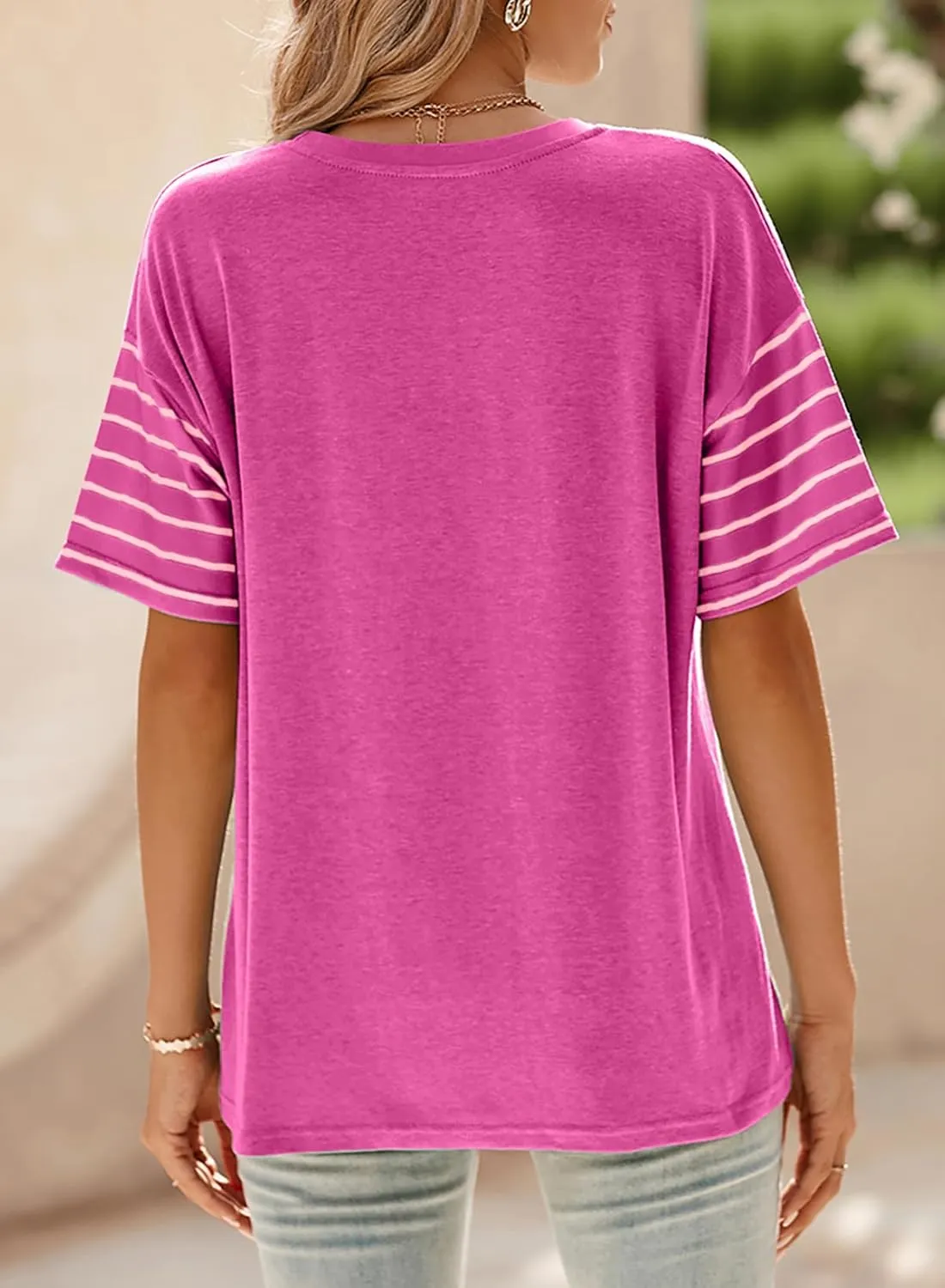 Dokotoo Summer Tops Trendy Oversized 2025 Crewneck Casual Color Block Striped Womens Shirts Blouses