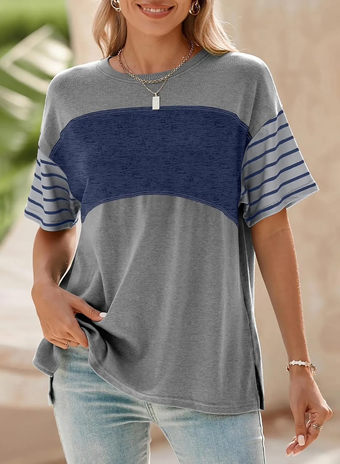 Dokotoo Summer Tops Trendy Oversized 2025 Crewneck Casual Color Block Striped Womens Shirts Blouses