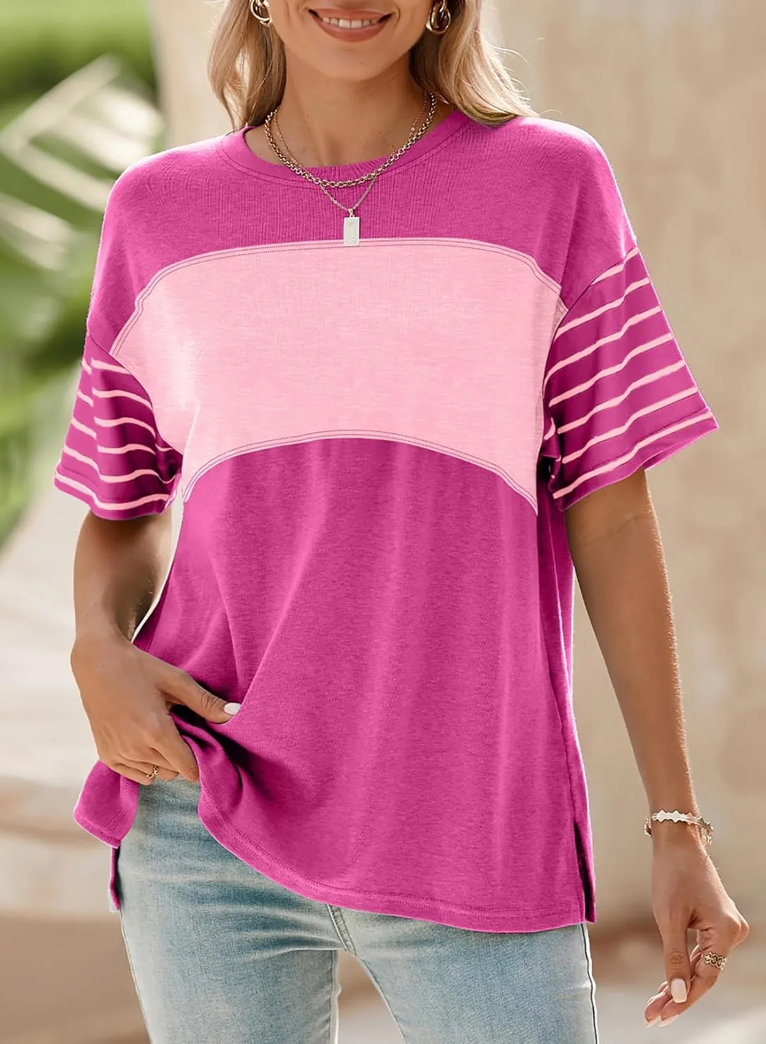 Dokotoo Summer Tops Trendy Oversized 2025 Crewneck Casual Color Block Striped Womens Shirts Blouses