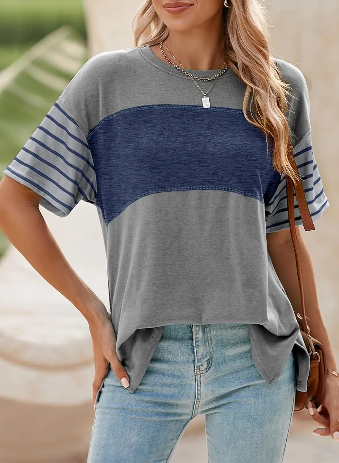 Dokotoo Summer Tops Trendy Oversized 2025 Crewneck Casual Color Block Striped Womens Shirts Blouses