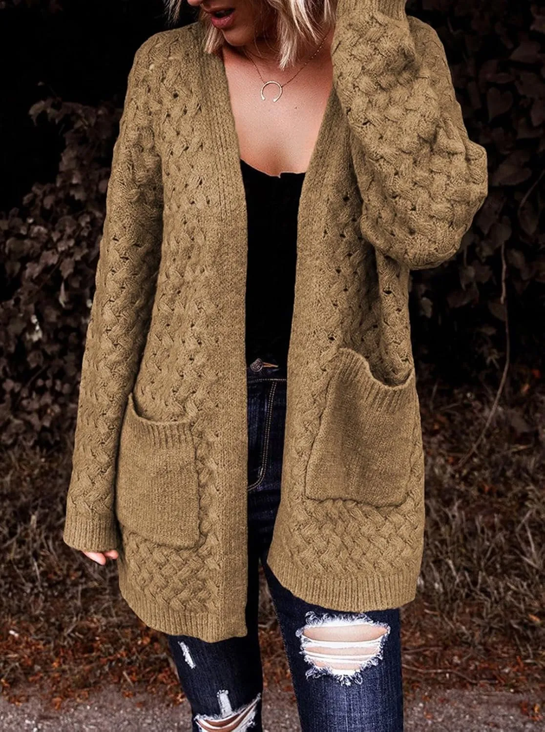 Dokotoo Women's 2024 Fashion Casual Open Front Long Sleeve Chunky Cable Knit Cardigans Sweaters Outerwear Coats with Pockets