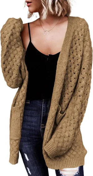 Dokotoo Women's 2024 Fashion Casual Open Front Long Sleeve Chunky Cable Knit Cardigans Sweaters Outerwear Coats with Pockets