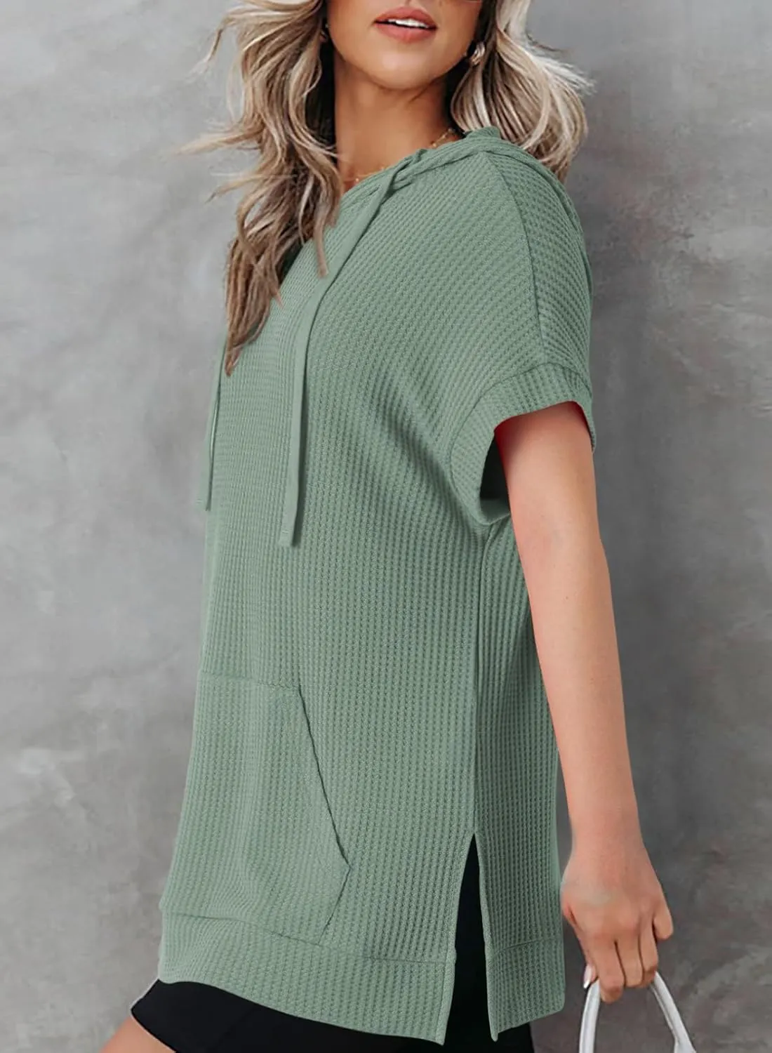Dokotoo Womens Summer Oversized Shirts 2025 Short Sleeve Drawstring Hoodies Waffle Knit Side Slit Tunic Tops with Pocket
