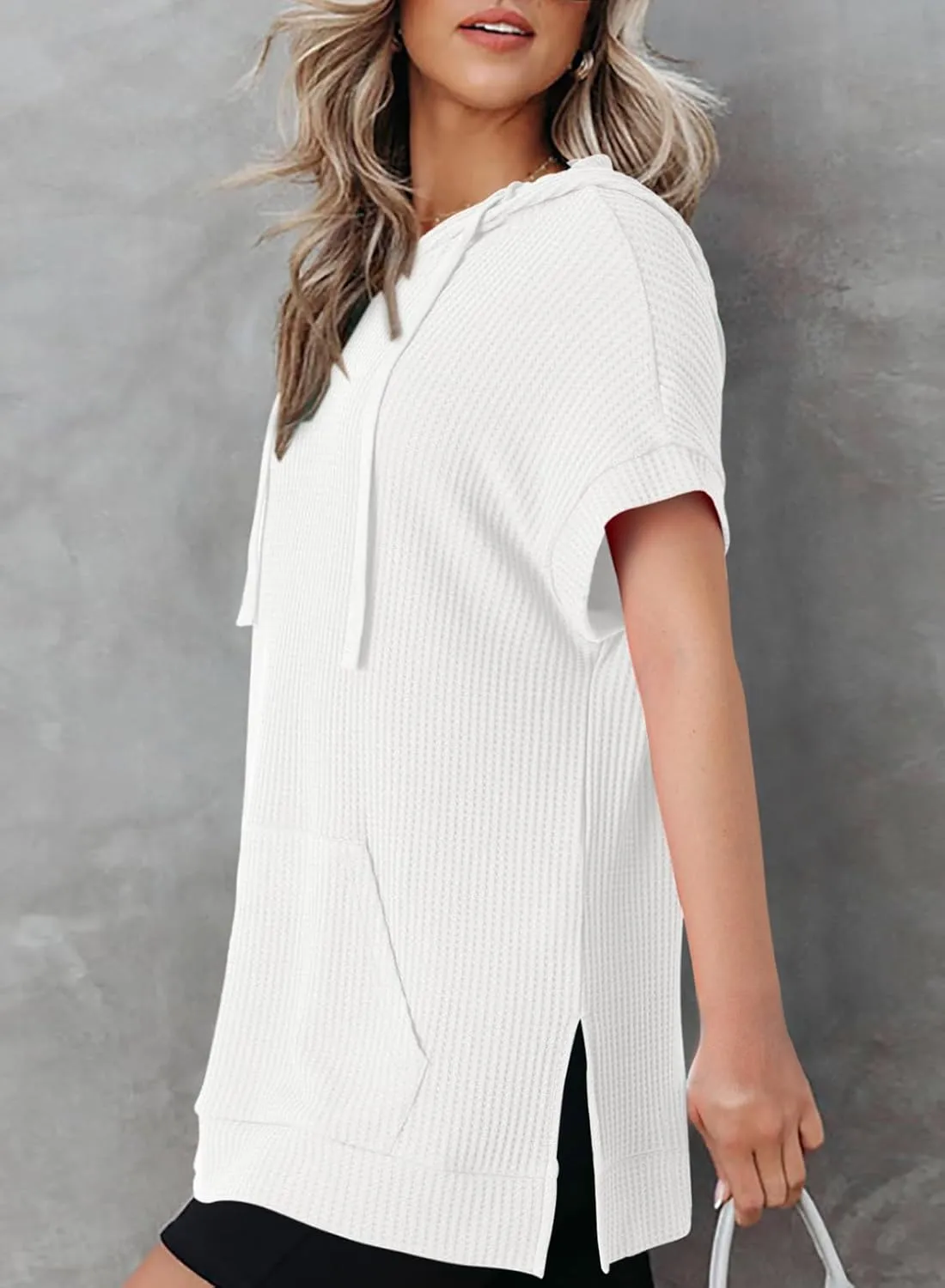 Dokotoo Womens Summer Oversized Shirts 2025 Short Sleeve Drawstring Hoodies Waffle Knit Side Slit Tunic Tops with Pocket