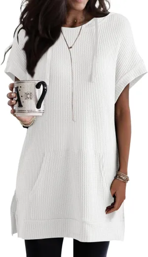 Dokotoo Womens Summer Oversized Shirts 2025 Short Sleeve Drawstring Hoodies Waffle Knit Side Slit Tunic Tops with Pocket