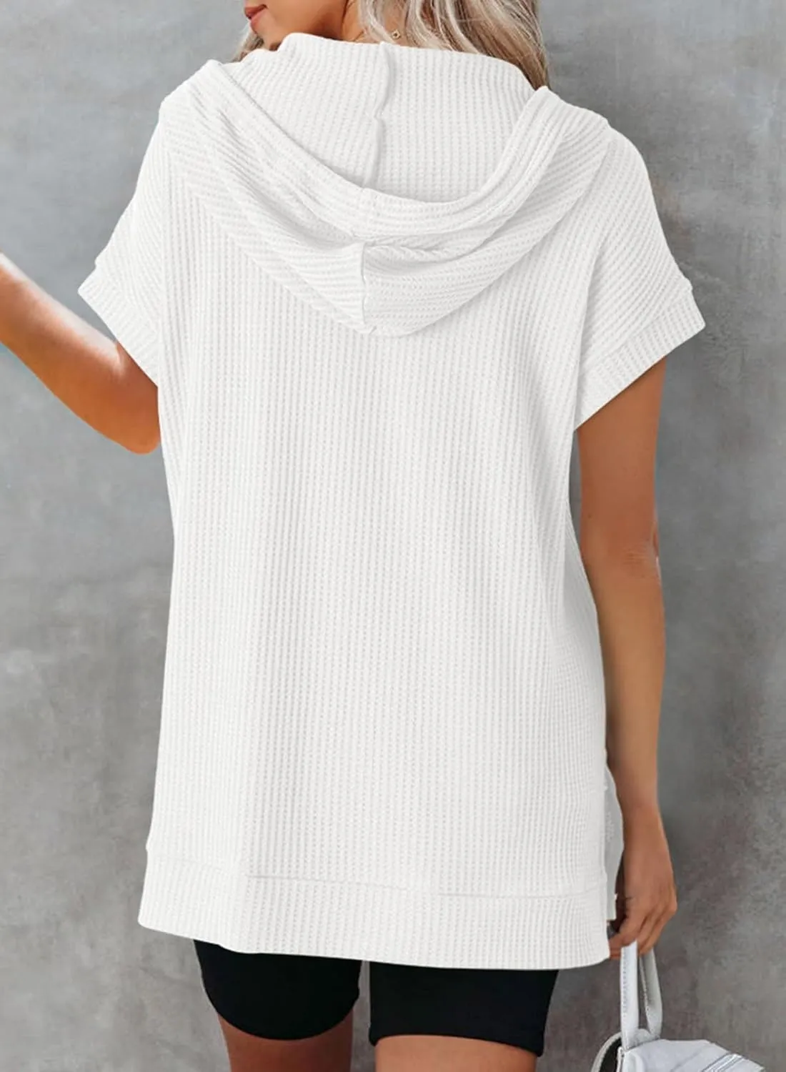 Dokotoo Womens Summer Oversized Shirts 2025 Short Sleeve Drawstring Hoodies Waffle Knit Side Slit Tunic Tops with Pocket