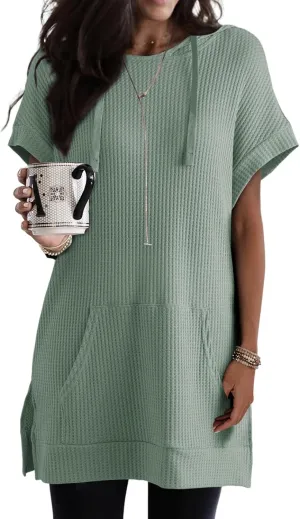 Dokotoo Womens Summer Oversized Shirts 2025 Short Sleeve Drawstring Hoodies Waffle Knit Side Slit Tunic Tops with Pocket