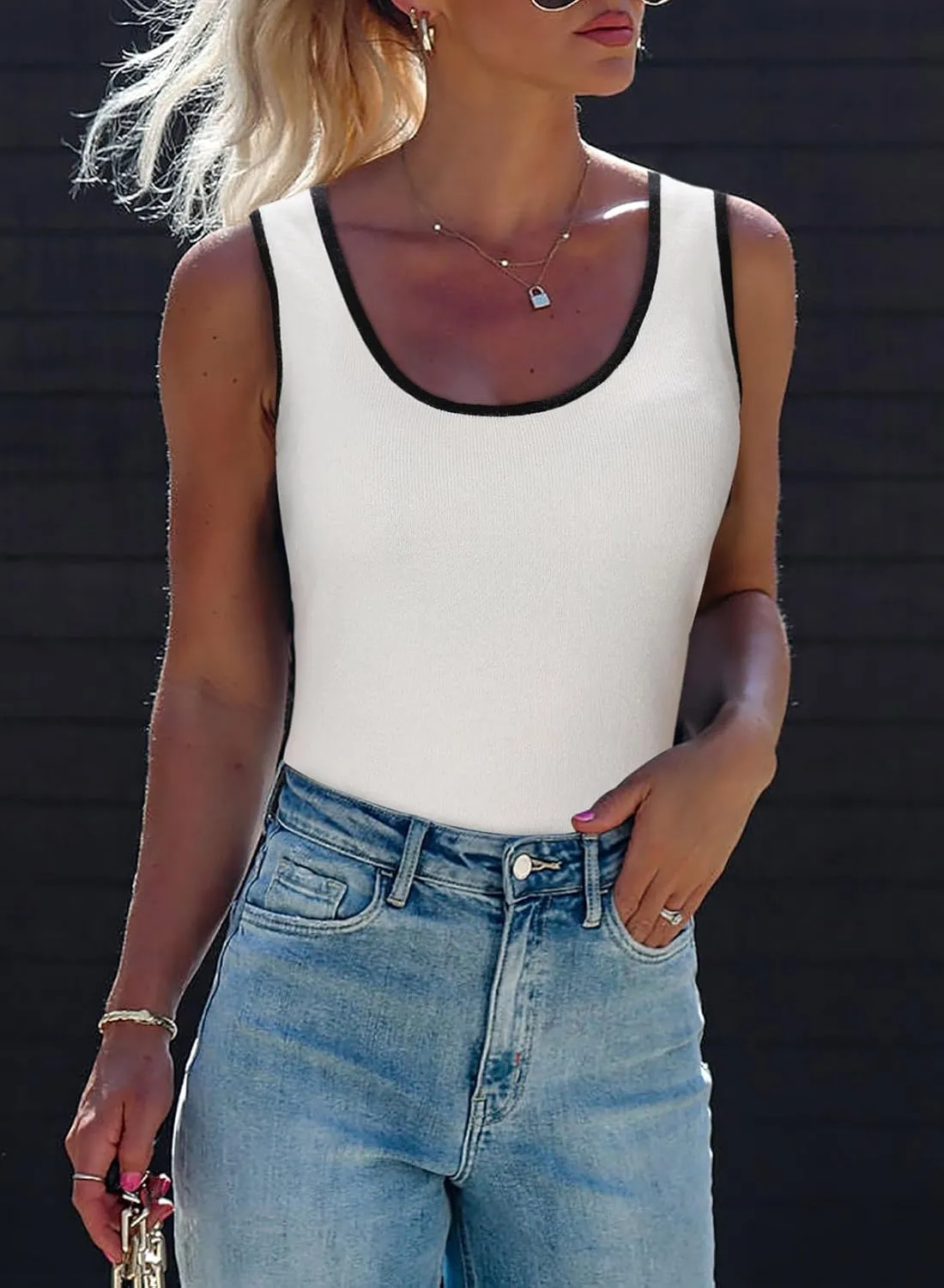 Dokotoo Womens Tank Tops 2025 Summer Casual Sleeveless Scoop Neck Ribbed Knit Color Block Slim Fitted Cami Tee Shirts