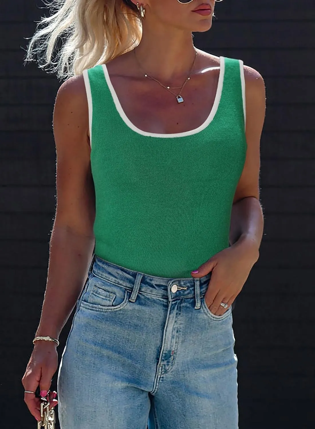 Dokotoo Womens Tank Tops 2025 Summer Casual Sleeveless Scoop Neck Ribbed Knit Color Block Slim Fitted Cami Tee Shirts