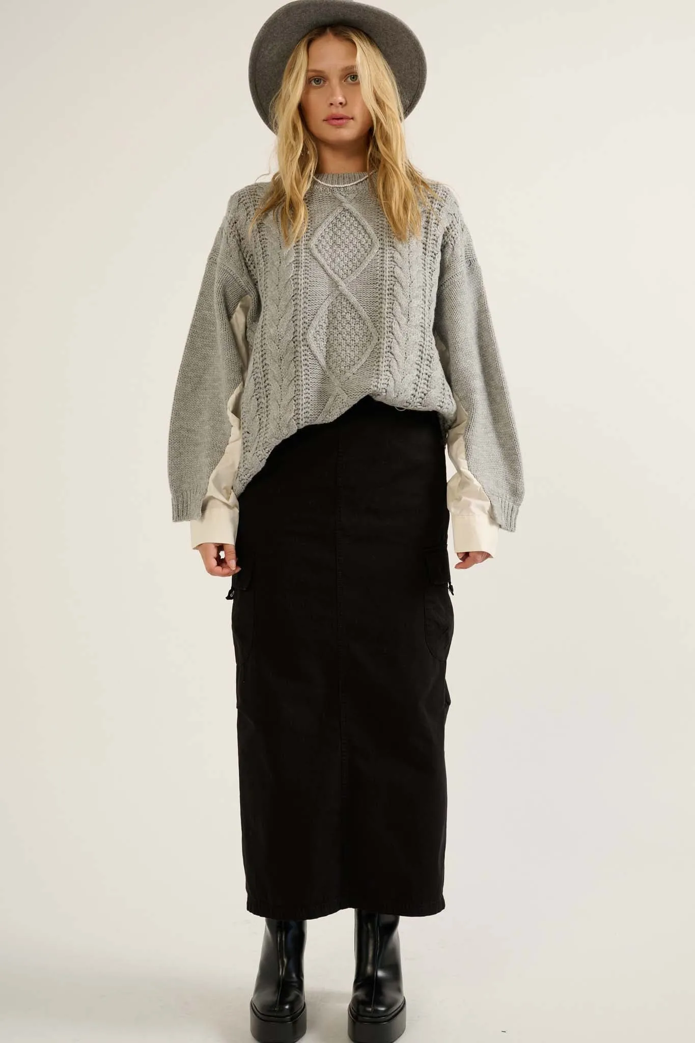 Double Feature Cable Knit Mixed Media Sweater