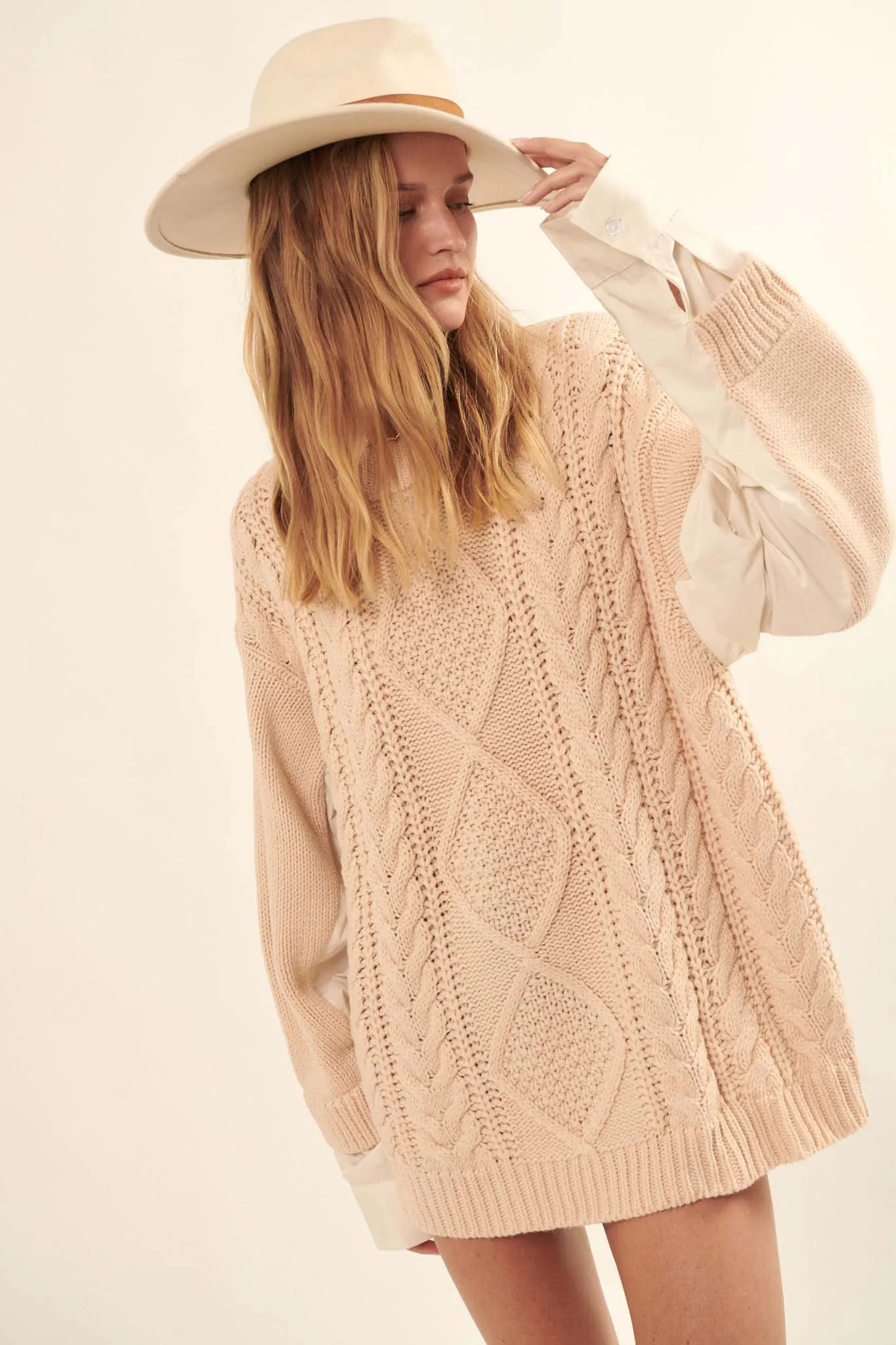 Double Feature Cable Knit Mixed Media Sweater