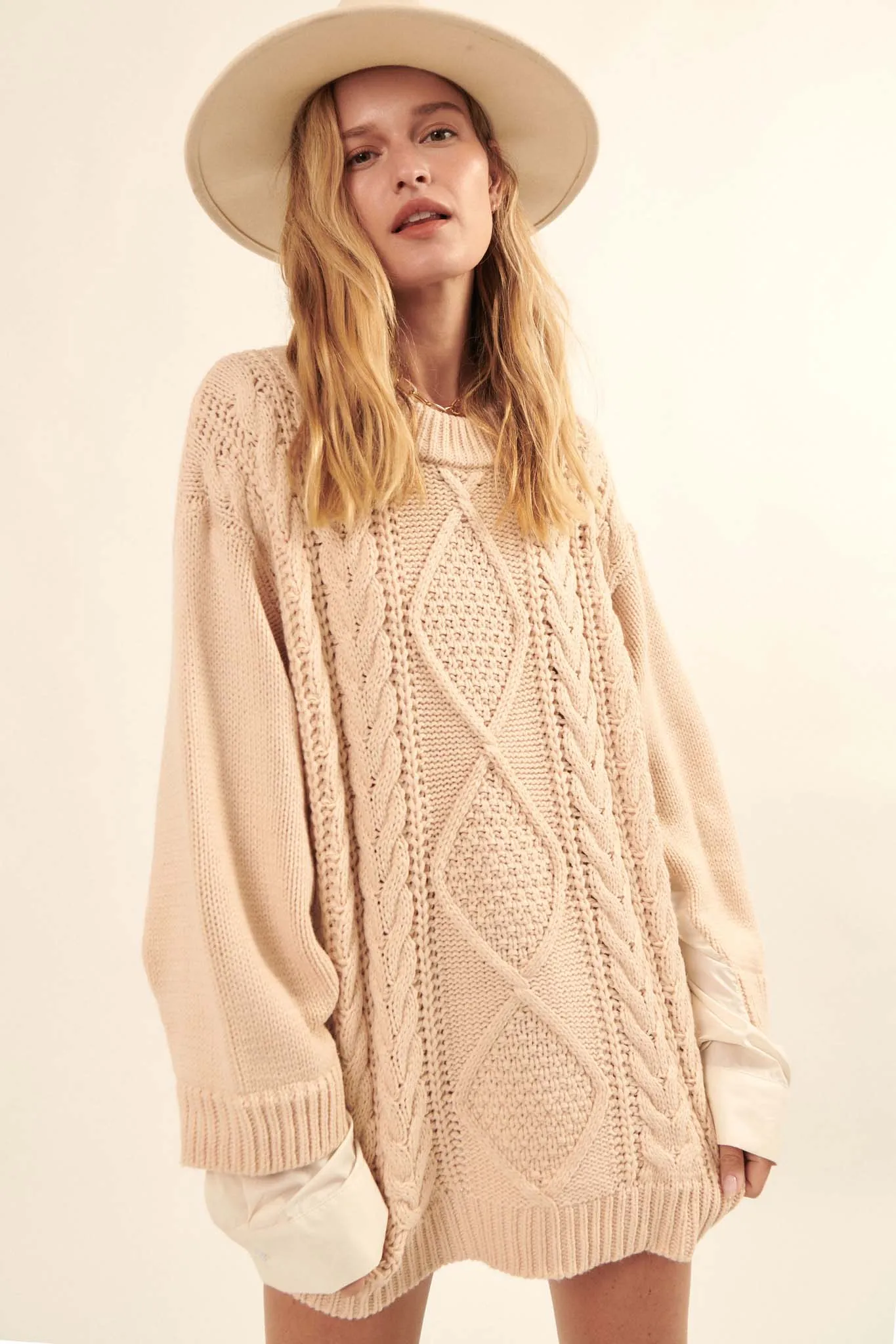 Double Feature Cable Knit Mixed Media Sweater