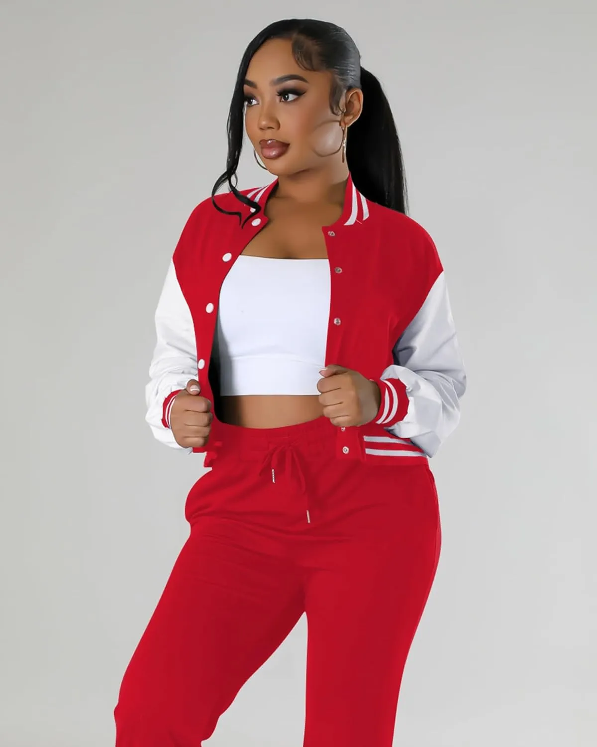 Doweha Women Faux Leather Jacket Light Moto Bomber Jackets Cropped Letterman Baseball Jacket Fall Coat with Pockets