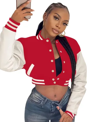 Doweha Women Faux Leather Jacket Light Moto Bomber Jackets Cropped Letterman Baseball Jacket Fall Coat with Pockets