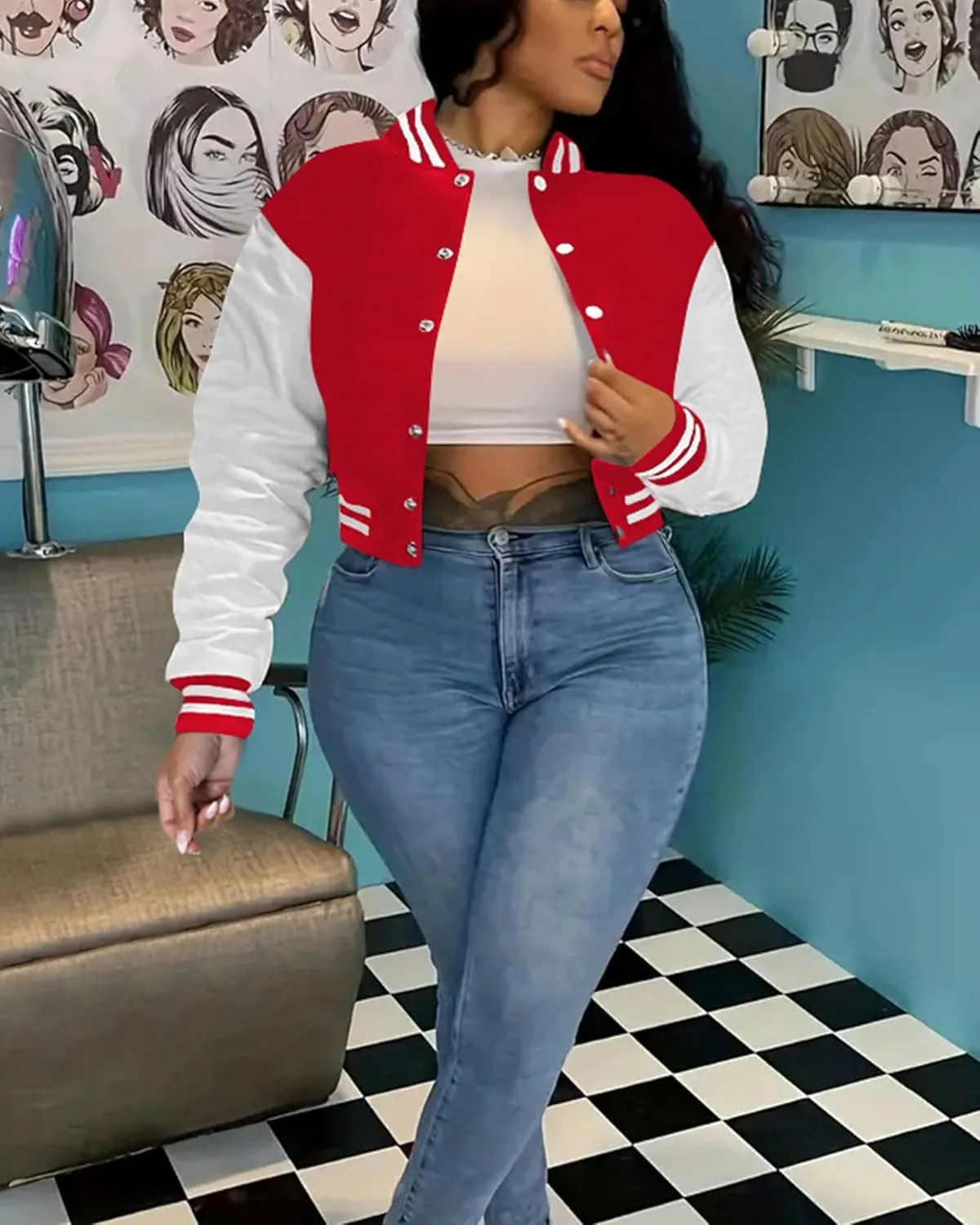 Doweha Women Faux Leather Jacket Light Moto Bomber Jackets Cropped Letterman Baseball Jacket Fall Coat with Pockets
