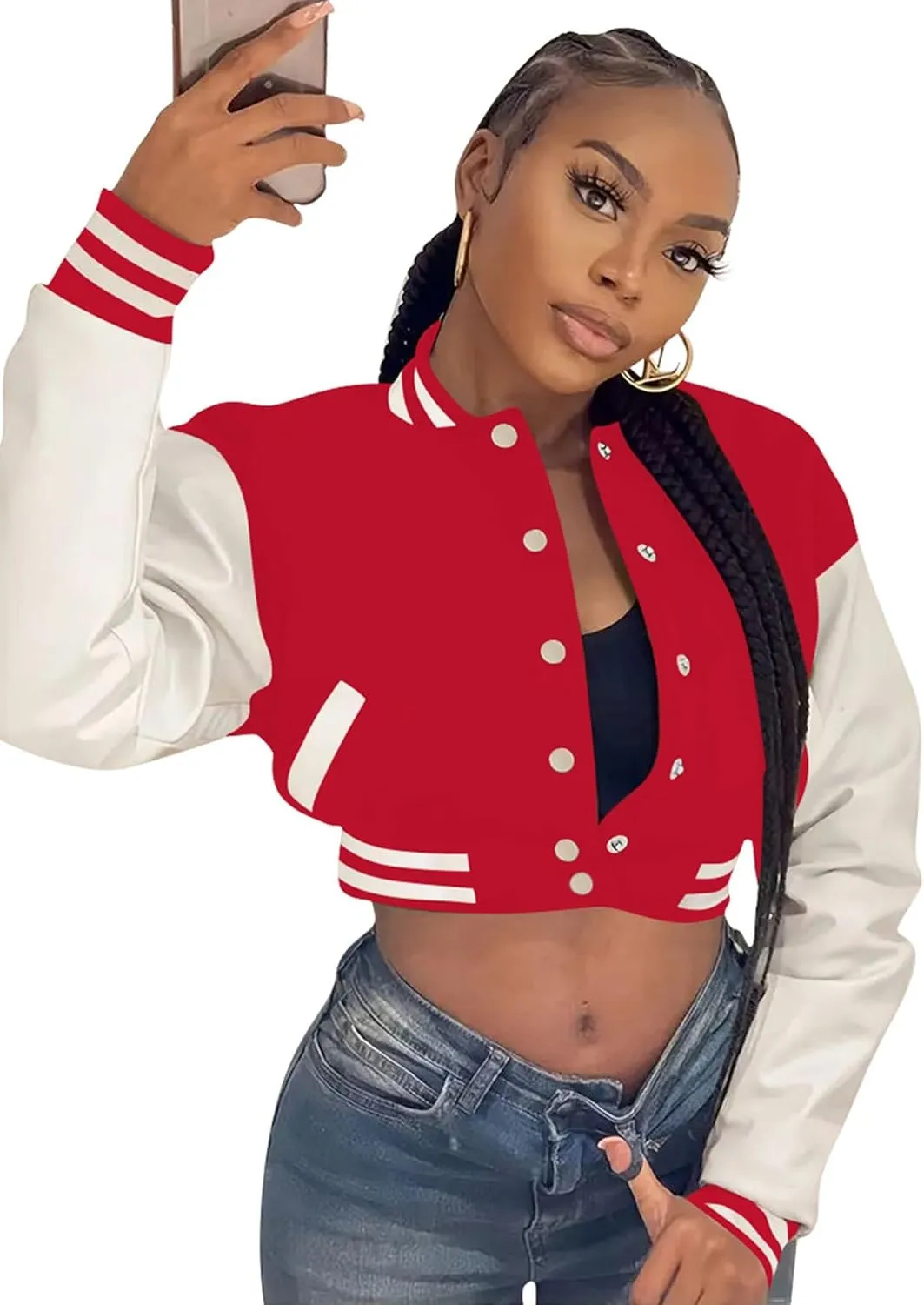 Doweha Women Faux Leather Jacket Light Moto Bomber Jackets Cropped Letterman Baseball Jacket Fall Coat with Pockets