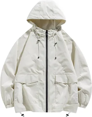 Drawstring Hooded Windbreaker Women Lightweight Baggy Waterproof Raincoat Fall Zip Up Jackets with Pockets Outdoor