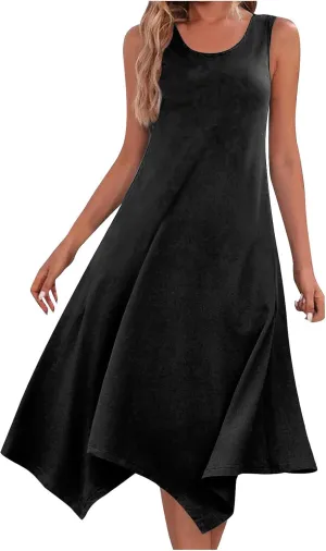 Dresses for Women 2024 Casual Summer Sleeveless Crewneck Sexy Beach Tank Dress Fashion Flowy Swing Sundresses