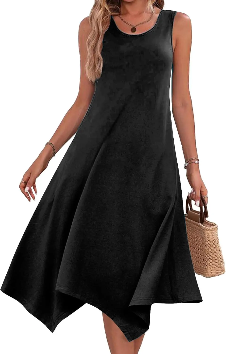 Dresses for Women 2024 Casual Summer Sleeveless Crewneck Sexy Beach Tank Dress Fashion Flowy Swing Sundresses