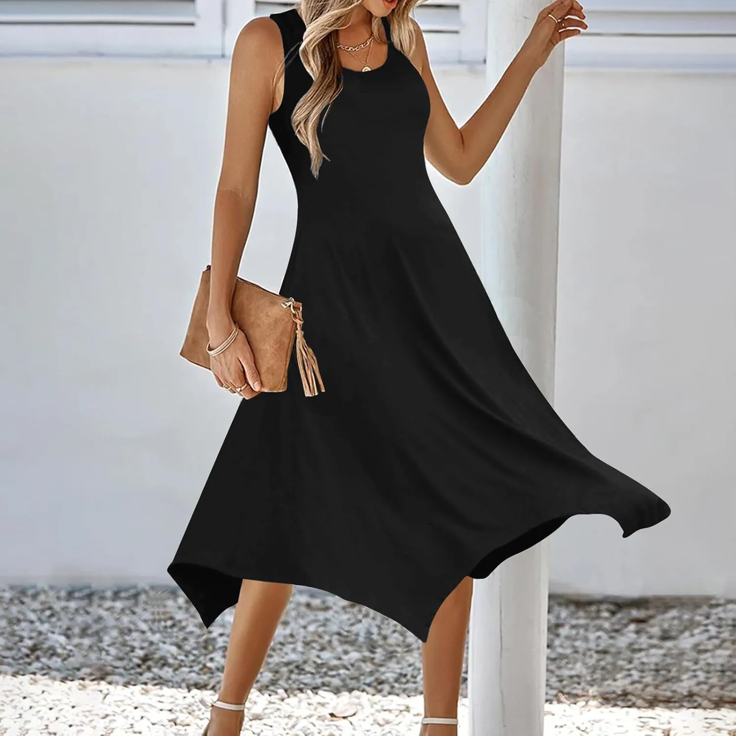 Dresses for Women 2024 Casual Summer Sleeveless Crewneck Sexy Beach Tank Dress Fashion Flowy Swing Sundresses