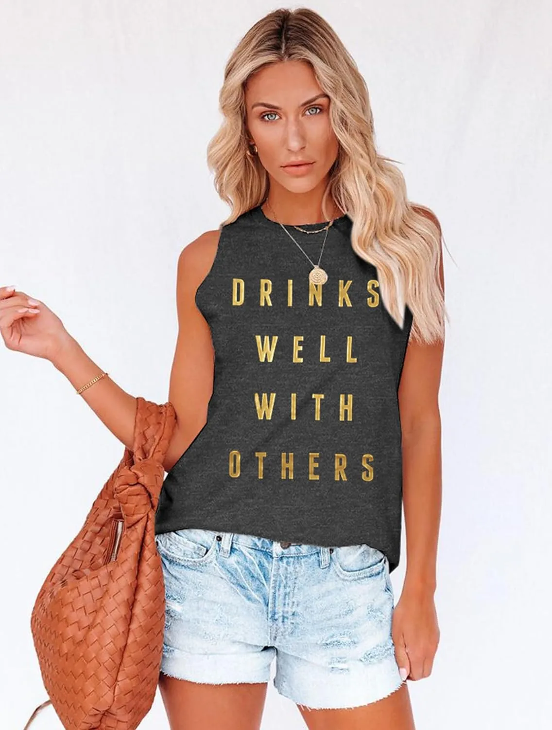 Drinks Well with Others Tank Tops for Women Drinking Shirts Summer Alcohol Muscle Letter Printed Graphic Sleeveless Tee Tops