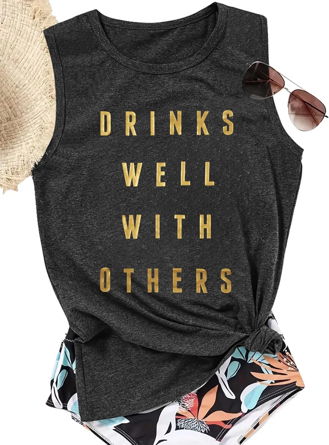Drinks Well with Others Tank Tops for Women Drinking Shirts Summer Alcohol Muscle Letter Printed Graphic Sleeveless Tee Tops