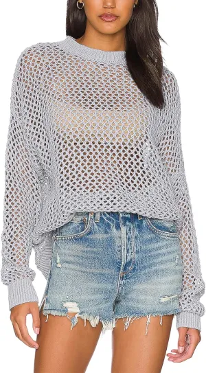 Ebifin Womens Crochet Tops Long Sleeve Beach Summer Sweater Crew Neck Mesh Cover Ups Bikini Swimsuit Tunic Pullover Tops