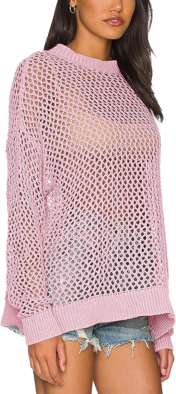 Ebifin Womens Crochet Tops Long Sleeve Beach Summer Sweater Crew Neck Mesh Cover Ups Bikini Swimsuit Tunic Pullover Tops