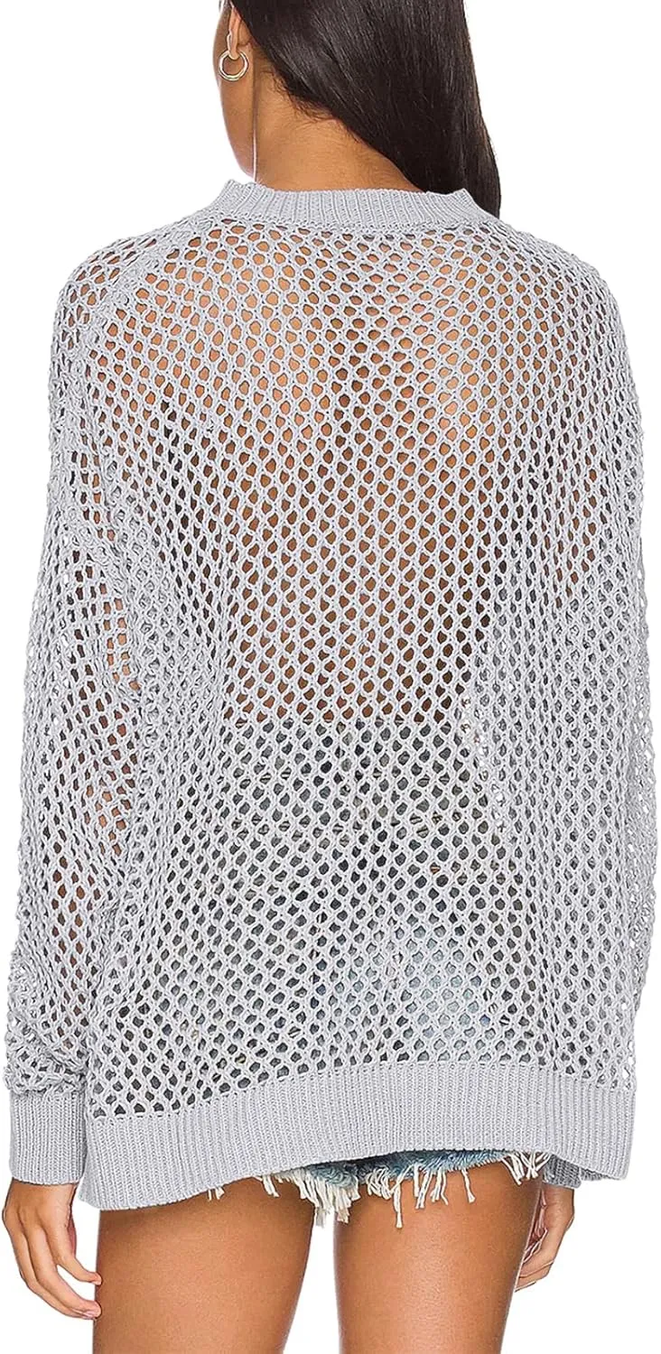 Ebifin Womens Crochet Tops Long Sleeve Beach Summer Sweater Crew Neck Mesh Cover Ups Bikini Swimsuit Tunic Pullover Tops